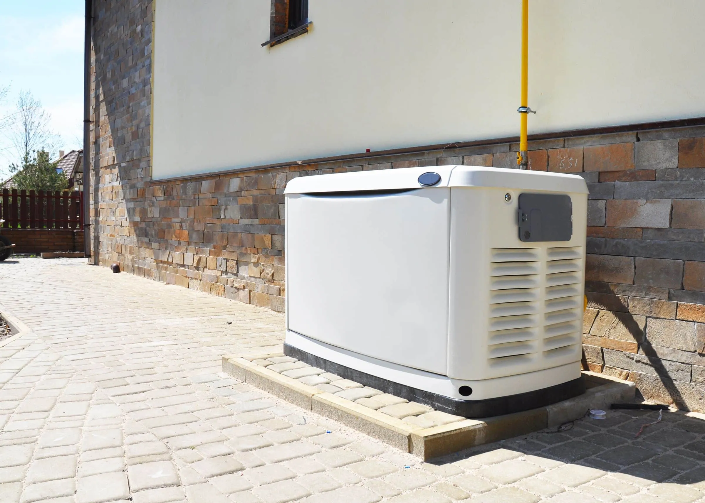 White standby generator installed on a concrete pad beside a house